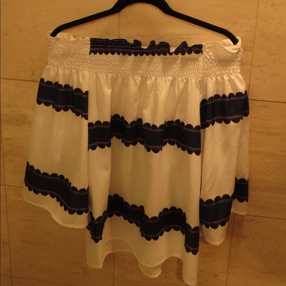 Off the shoulder blue and white blouse